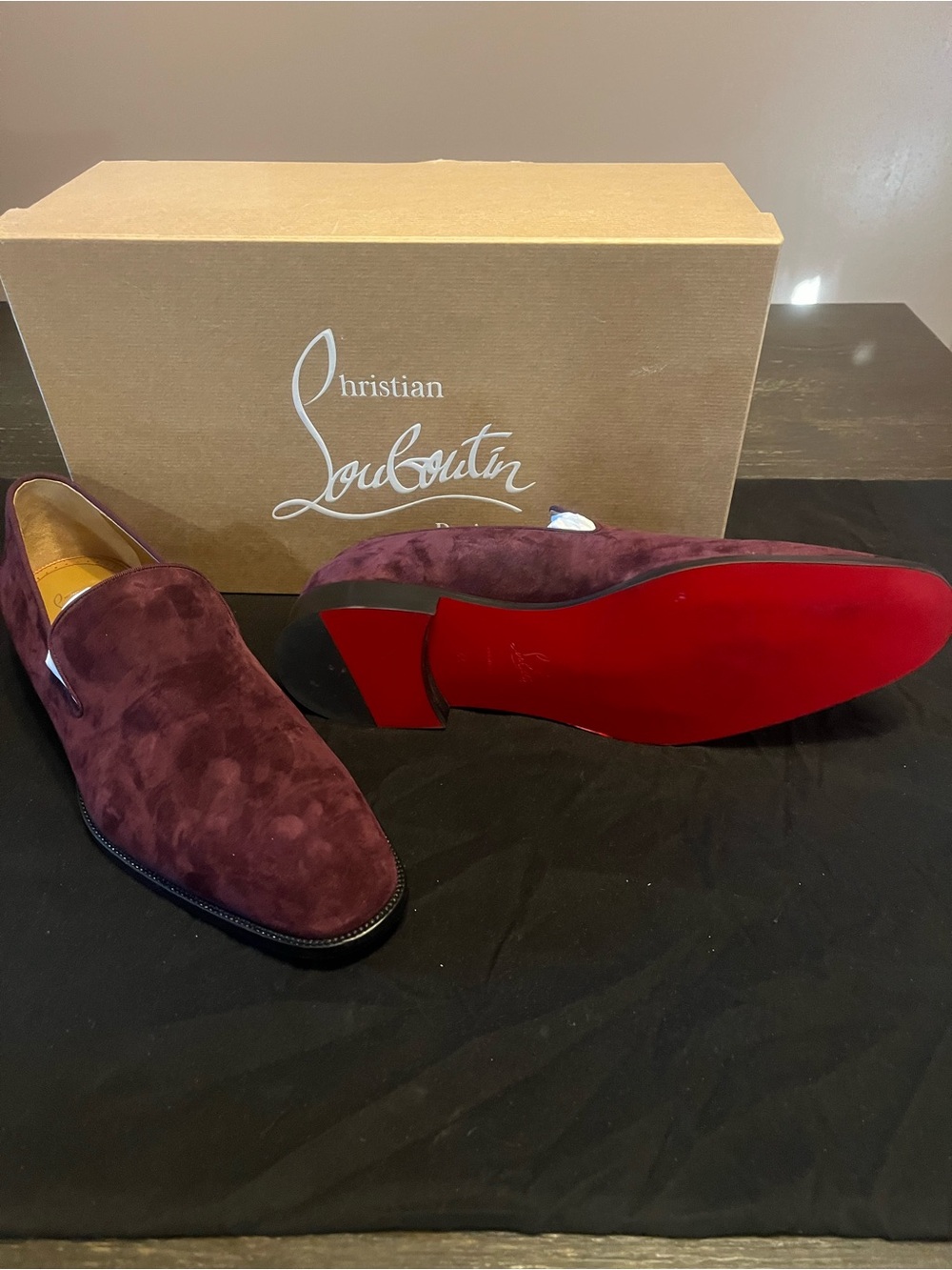 Christian Louboutin Men's Burgundy Suede Slip-On Loafers with Red Sole